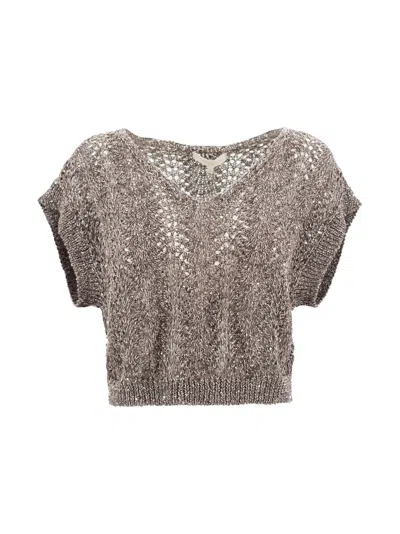 Antonelli Lace Knit Top With Sequins In Brown