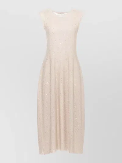 Antonelli Beige Midi Dress With Sequined Embellishments And Relaxed Silhouette In Animal Print