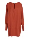 Antonelli Loose Mini Dress With Long Puff Sleeves And Chain Detail In Brown