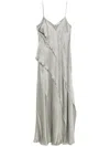Antonelli Luisiana Green Dress With Spaghetti Straps And Front Ruffle In Satin Woman In Grey