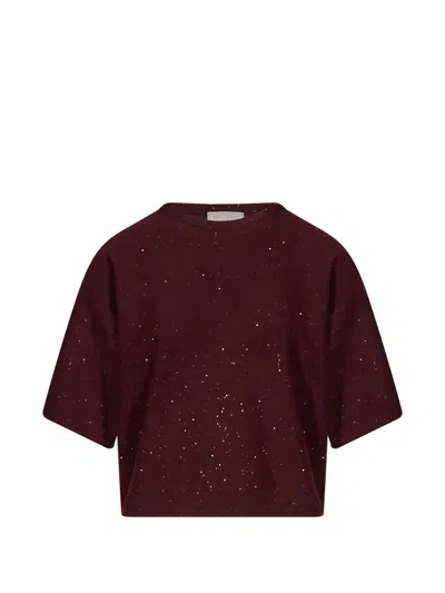 Antonelli Lucilla Sequin-embellished Short-sleeve Sweater In Burgundy
