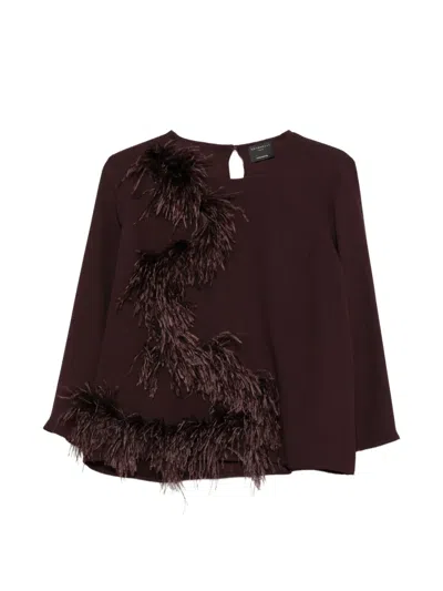 Antonelli Mango Feather-trim Three-quarter Sleeve Top In Burgundy