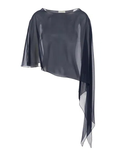 Antonelli Melone Blue Stole With Boat Neckline And Asymmetric Design In Silk Woman