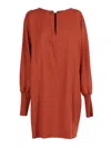 Antonelli Loose Mini Dress With Long Puff Sleeves And Chain Detail In Brown