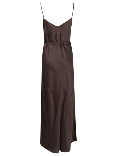 Antonelli Minimalist Long Silk Blend Dress With Matching Waist Belt In Brown