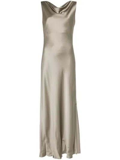 Antonelli Monsen Brown Long Dress With Crew Neck Hidden Back Closure In Viscose And Linen Blend Woman