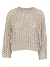 Antonelli Campanellino Beige Crewneck Knit Sweater In Cotton Blend Woman In Neutrals