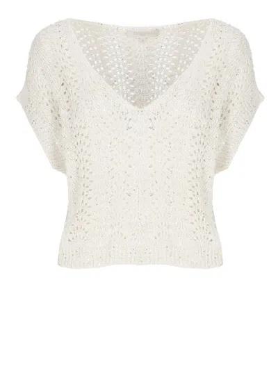 ANTONELLI PAILLETTE-EMBELLISHED IVORY SWEATER WITH WIDE NECKLINE