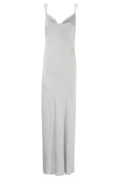 Antonelli Satin Evening Dress With Deep Neckline In Silver