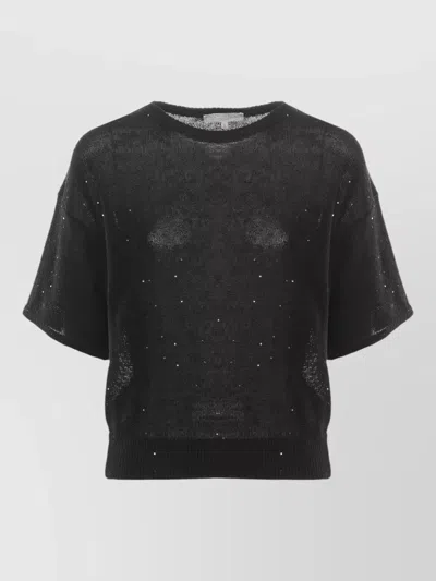 Antonelli Sequin Crewneck Cotton Sweater Short Sleeves In Black