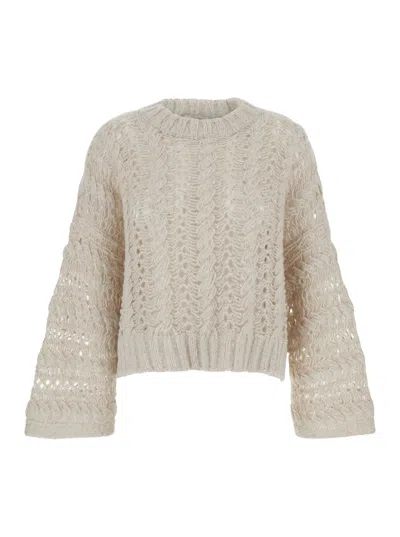 ANTONELLI BEIGE CREWNECK SWEATER WITH BRAIDED KNIT DETAIL IN WOOL AND CASHMERE BLEND WOMAN