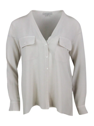 Antonelli Shirt Made Of Soft Stretch Silk, With V-neck, Chest Pockets And Button Closure In Beige