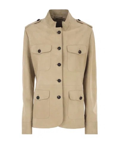 Antonelli Suede Safari Jacket With Patch Pockets In Brown