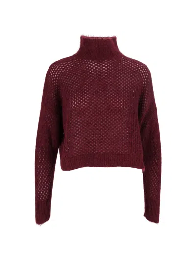 Antonelli Textured Cropped Knit Sweater With High Neckline In Burgundy
