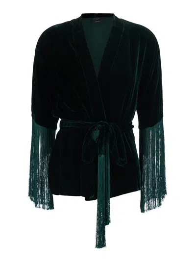 Antonelli Velvet Fringe Cardigan In Green