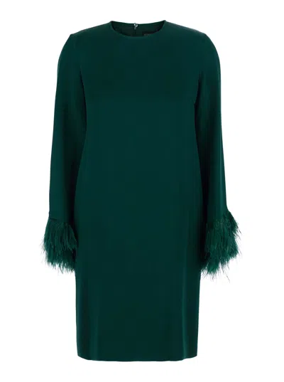 Antonelli Violetta Satin Dress With Long Sleeves And Feather-trim Hems In Green