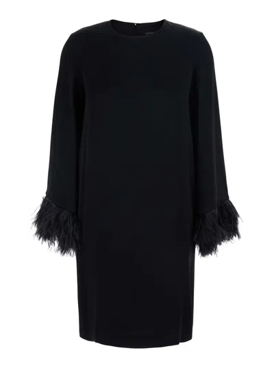Antonelli Violetta Satin Midi Dress With Long Sleeves And Feather Hem Details In Black