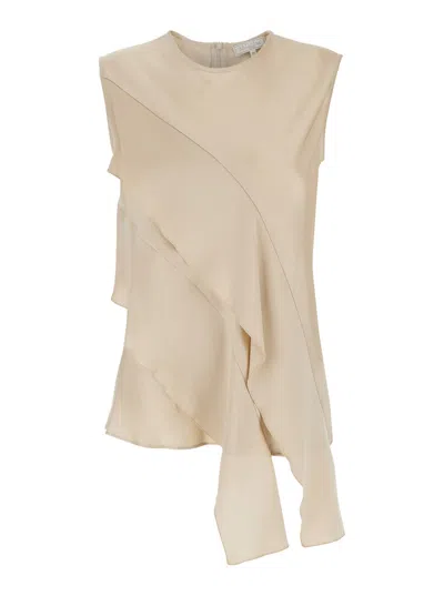 Antonelli Viterbo Beige Crewneck Top With Front Asymmetric Ruffle In Satin Woman