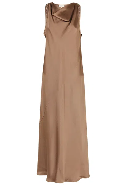 Antonelli Walnut Acetate-blend Shawl Neckline Sequin Trim Maxi Dress In Brown