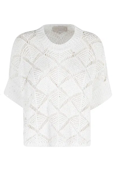 Antonelli White Oleandro Sequined Ribbed-trim Cotton-blend Knit Top In Blue