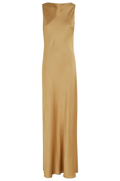 Antonelli Yellow Mara Straight-neck Cowl-back Acetate-blend Long Dress In Brown