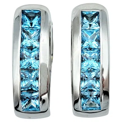 Pre-owned Antonini Square Blue Topaz Huggie Hoop Style Earrings Set In 18 Karat White Gold