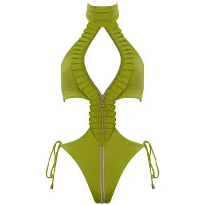 Antoninias Women's Ahmosy Cut-out One-piece Swimwear With Ruffles & Adjustable Zip In Lime Green