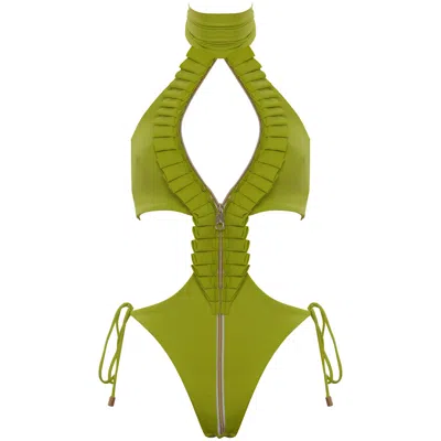 Antoninias Women's Ahmosy Cut-out One-piece Swimsuit With Ruffles And Adjustable Front Zipper In Lime Green
