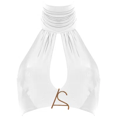 Antoninias Women's As Halter Tie Fastening Bikini Top With Draped Details In White
