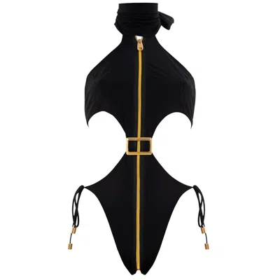 Antoninias Women's Cynosure Cut-out One-piece Swimsuit With Gold Accents And Front Zip In Black