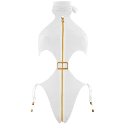 Antoninias Women's Cynosure Cut-out One-piece Swimwear With Golden Details And Zip In White