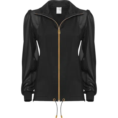 Antoninias Women's Elegant Panacea Tracksuit Jacket With Golden Details And Chiffon Sleeves In Black