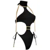 Antoninias Women's Opulent Seamless One Piece Swimsuit With Decorative Golden Chain In Black In Black