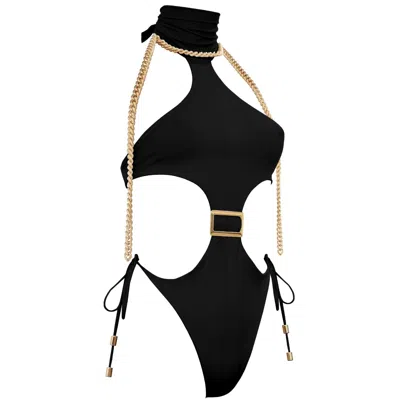 Antoninias Women's Opulent Seamless One Piece Swimsuit With Decorative Golden Chain In Black