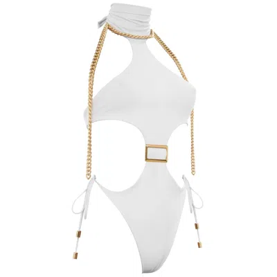 Antoninias Women's Opulent Seamless One Piece Swimsuit With Decorative Golden Chain In White