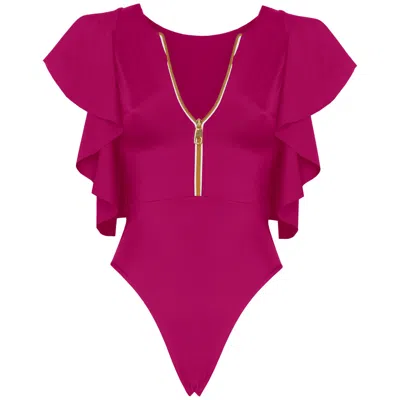 Antoninias Women's Pink / Purple Juliet Zip Front One Piece Swimwear With Ruffles In Pink In Pink/purple