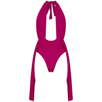 Antoninias Women's Pink / Purple Plonger Deep Plunge Halter Neck Swimsuit With Decorative Belt In Pink In Pink/purple