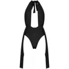 Antoninias Women's Plonger Deep Plunge Halter Neck Swimsuit With Decorative Belt In Black In Black