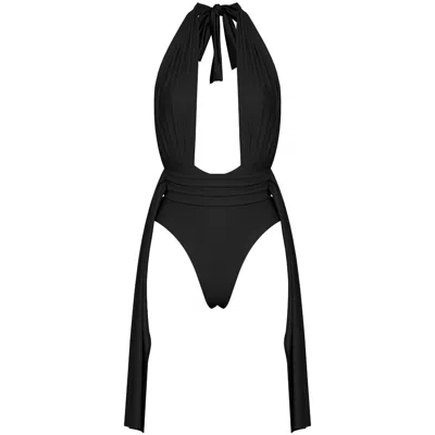 Antoninias Women's Plonger Deep Plunge Halter Neck Swimsuit With Decorative Belt In Black