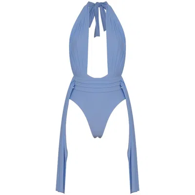 Antoninias Women's Plonger Deep Plunge Halter Neck Swimsuit With Decorative Belt In Blue
