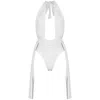 Antoninias Women's Plonger Deep Plunge Halter Neck Swimsuit With Decorative Belt In White In White