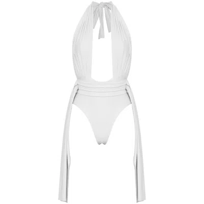 Antoninias Women's Plonger Deep Plunge Halter Neck Swimsuit With Decorative Belt In White