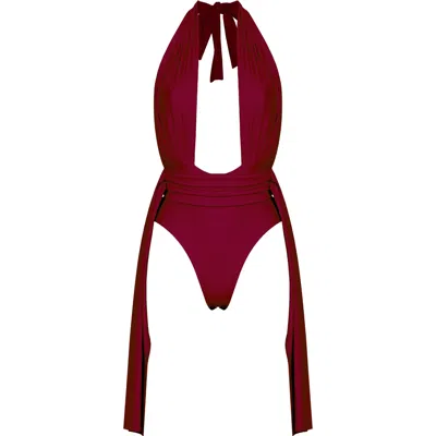 Antoninias Women's Red Plonger Deep Plunge Halter Neck Swimsuit With Decorative Belt In Burgundy