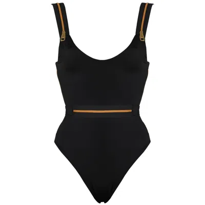 Antoninias Women's Ripple High Leg One Piece Swimwear With Zip Details In Black