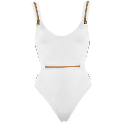 Antoninias Women's Ripple High Leg One Piece Swimwear With Zip Details In White