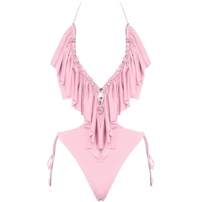 Antoninias Women's Rose Gold Hortenzis Ruffled One-piece Swimsuit With Adjustable Zip In Rose