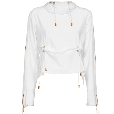 Antoninias Women's Sheek Hoodie With String & Zip Details On Sleeves In White
