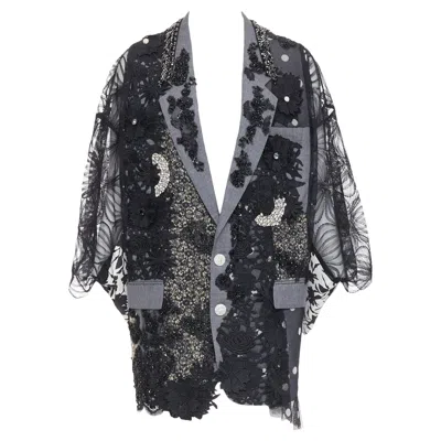 Pre-owned Antonio Marras Black Grey Fleece Wool Embellished Kimono Blazer Coat In Gray