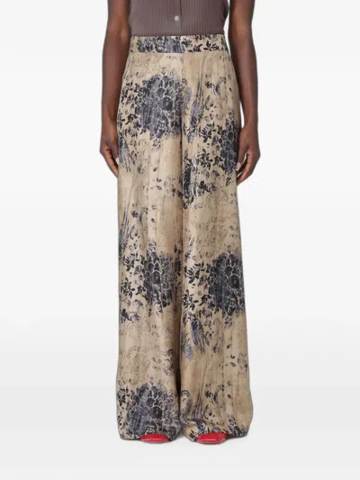 Antonio Marras Floral-print Silk Wide-leg Trousers In Brown