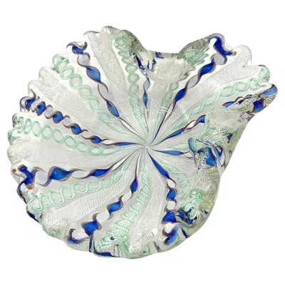 Pre-owned Antonio Salviati Mcm Zanfircio Murano Art Glass Shell Dish Green Latticino Ribbons By Salviati